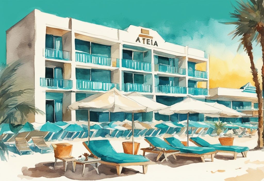 Vintage akvarellillustrasjon av Aktea Beach Hotel ved det blå vannet i Ayia Napa, med palmer og solsenger på en hvit sandstrand, hovedfarge tema er turkis.