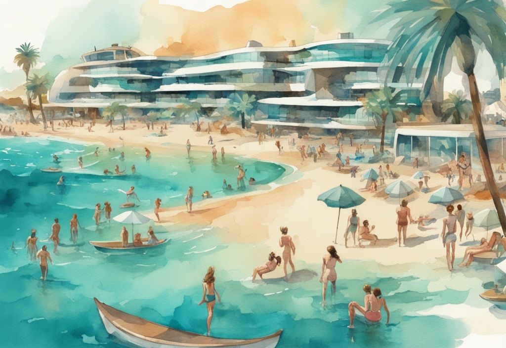 Vintage akvarellillustrasjon av en futuristisk og livlig strandscene i Ayia Napa 2024 med høyteknologiske, miljøvennlige resorter og turister som har det gøy.