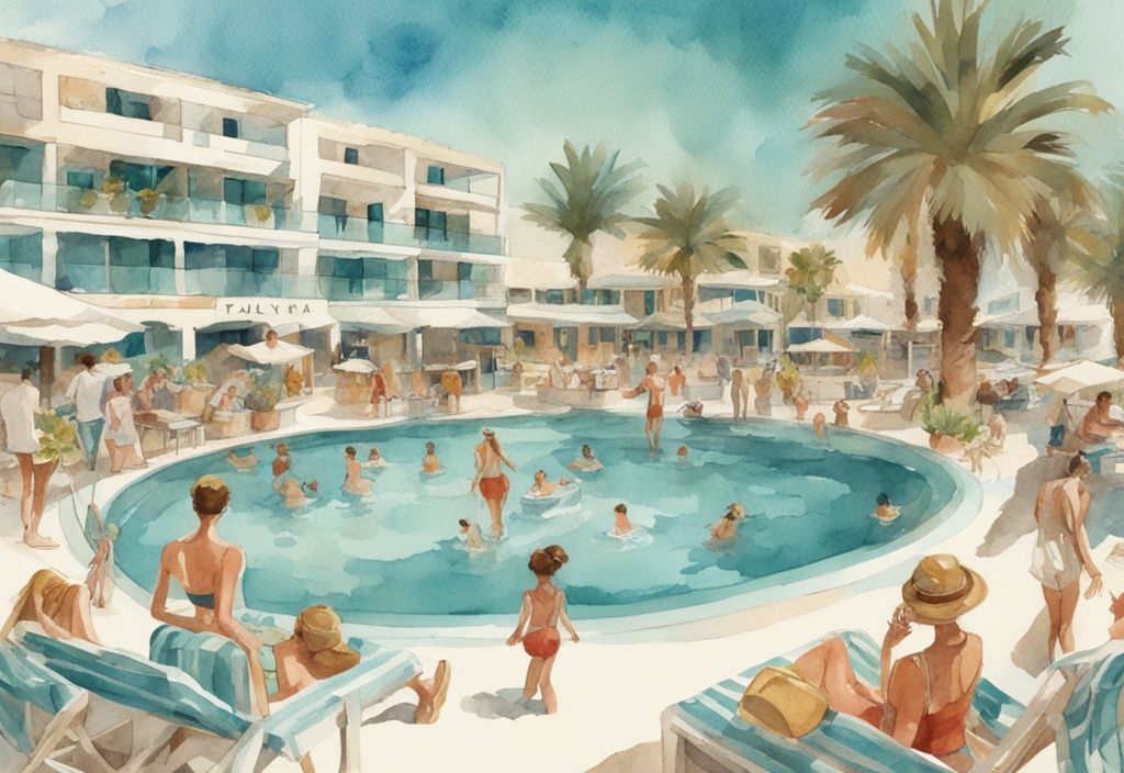 Vintage akvarellillustrasjon av luksuriøst feriested i Ayia Napa med glade turister som nyter bassenget, mat, drikke og aktiviteter som del av all inclusive Ayia Napa-pakken.