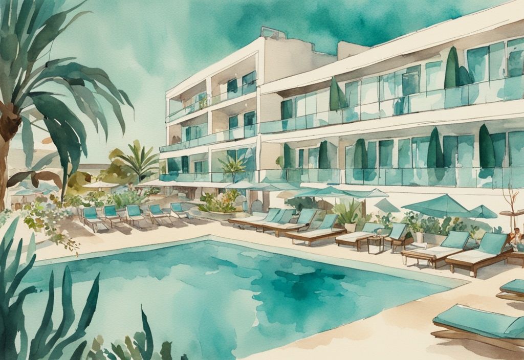 Vintage akvarellillustrasjon av Amarande Hotel Ayia Napa med moderne arkitektur, frodige hager og krystallklart basseng med gjester som nyter tiden.