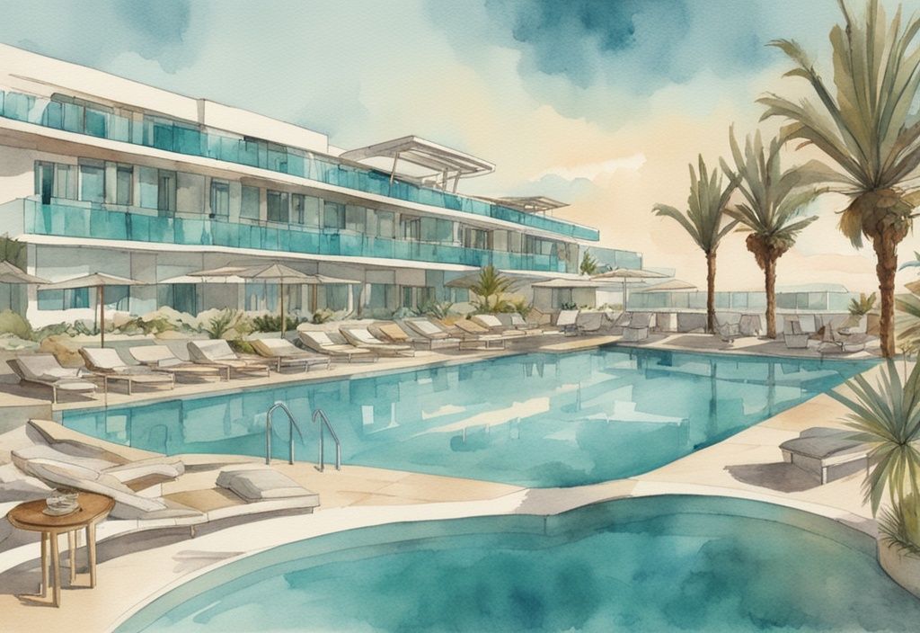 Vintage akvarellillustrasjon av Amarande Hotel i Ayia Napa, med moderne arkitektur, utendørs bassengområde og omkringliggende landskap, hovedfarge tema i teal.