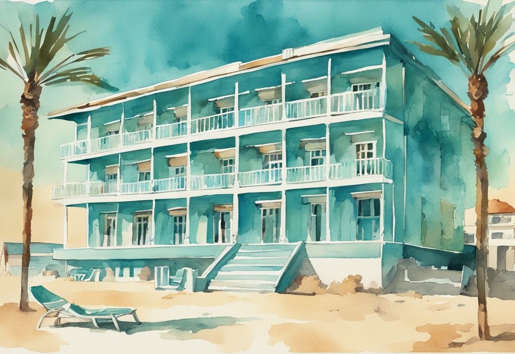 Vintage akvarell av Anonymous Beach Hotel i Ayia Napa ved det krystallblå havet under en klar, solrik himmel, hovedfarge tema er teal.