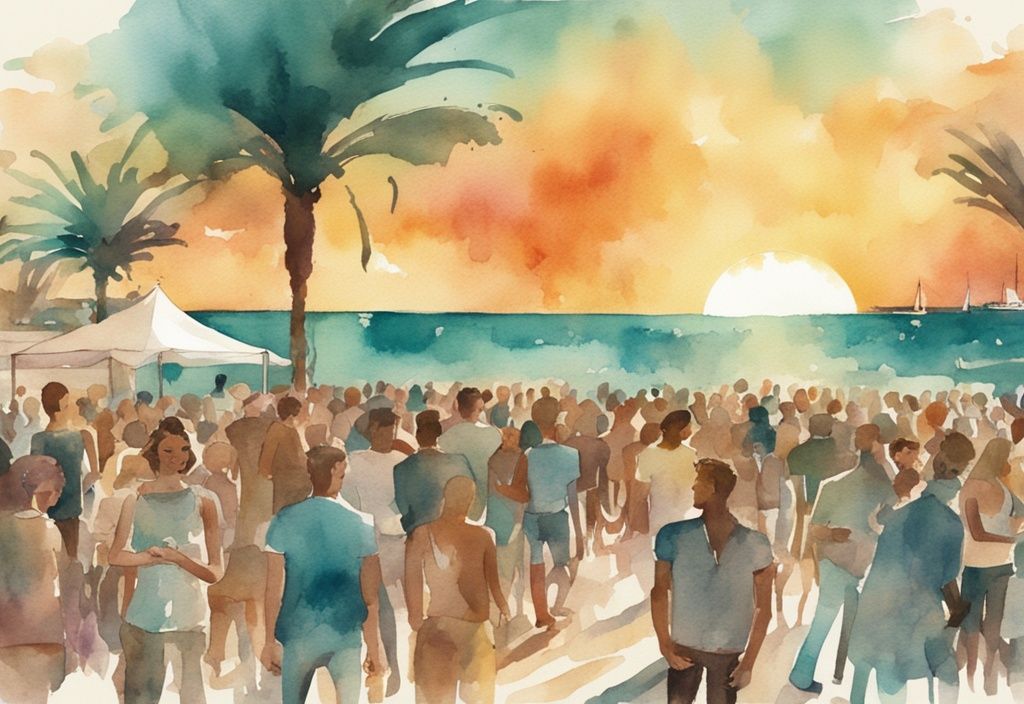 Vintage akvarellillustrasjon av en livlig folkemengde som nyter en musikkfestival ved stranden i Ayia Napa, under den varme, nedgående solen, med hovedfargen i teal.