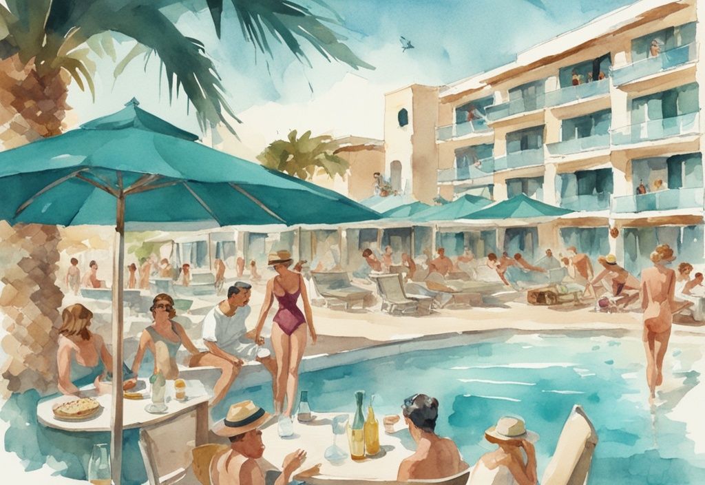 Vintage akvarellillustrasjon av luksusresort i Ayia Napa med glade turister som nyter basseng, mat, drikke og aktiviteter som en del av all inclusive Ayia Napa-pakken.