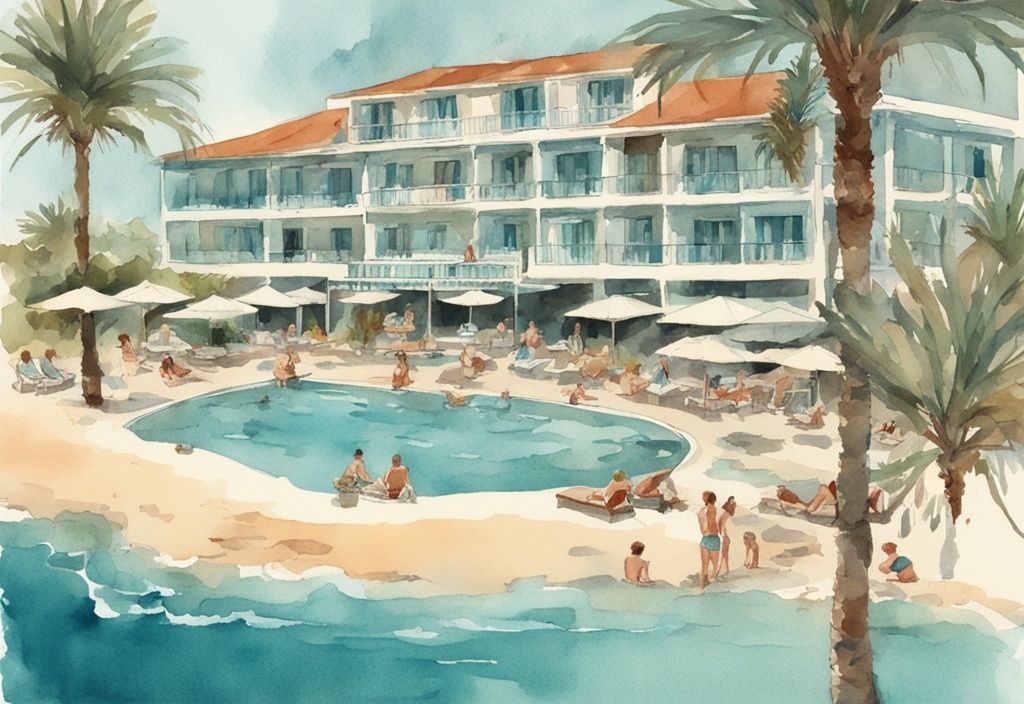 Vintage akvarell av Aktea Beach Hotel Ayia Napa på kysten med gjester ved bassenget og frodig tropisk vegetasjon