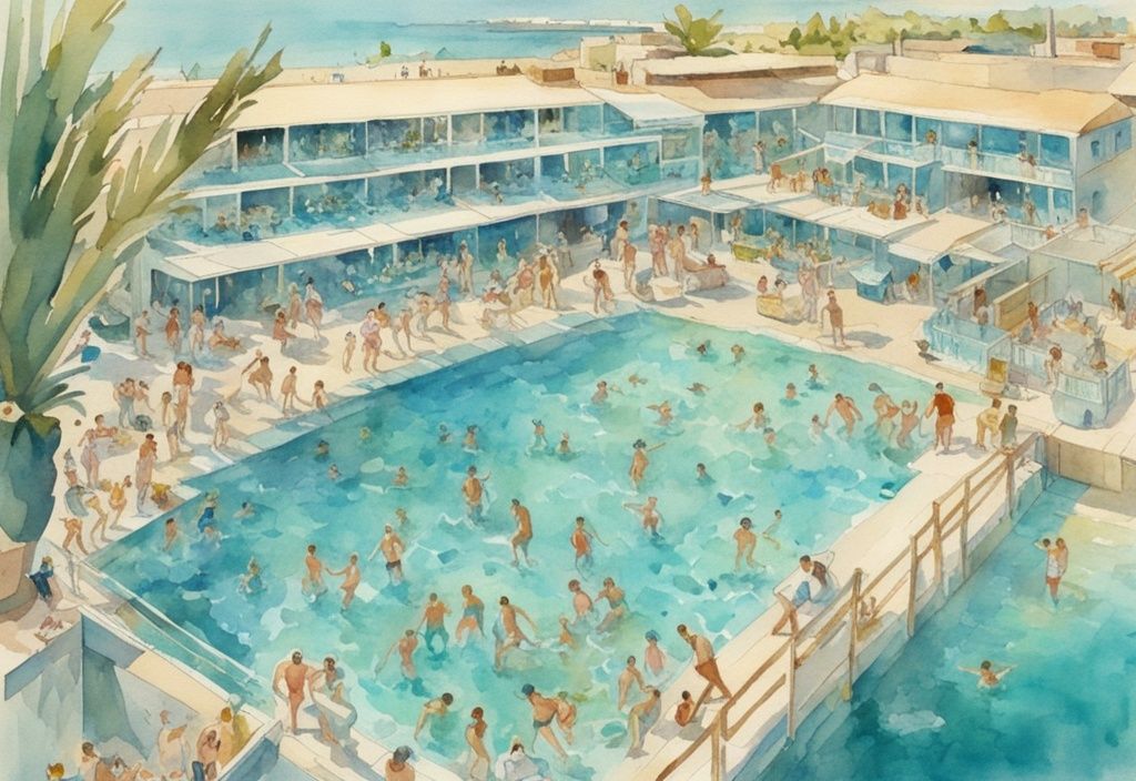 Vintage akvarellillustrasjon av Aqua Club Ayia Napa med fugleperspektiv, fylt med livlige mennesker som nyter det klare, blå bassengvannet under strålende sol.