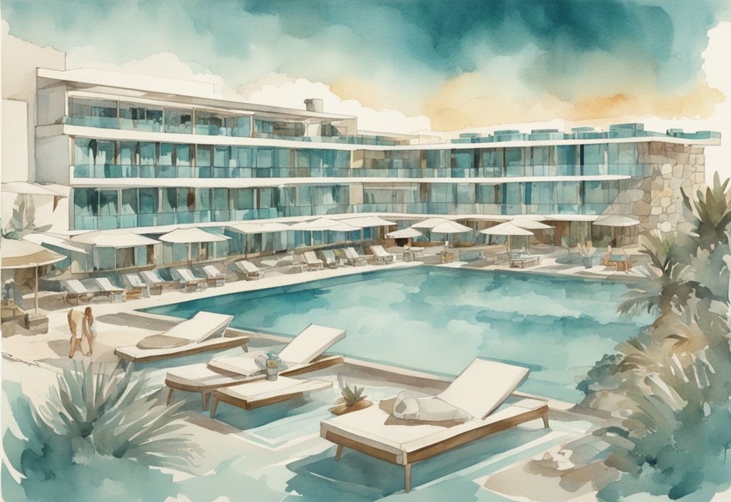 Vintage akvarellillustrasjon av Amarande Hotel i Ayia Napa med moderne arkitektur, utendørs bassengområde og omkringliggende landskap, hovedsakelig i teal fargetoner.