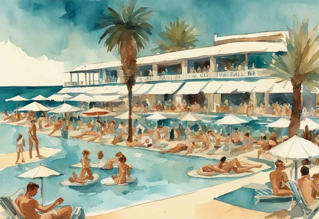 Vintage akvarell illustrasjon av Ayia Napa Beach Club med palmer, folk som slapper av på solsenger under parasoller, og asurblå havbølger i bakgrunnen, hovedfarge tema er teal.