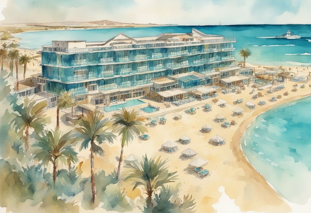 Vintage akvarell illustrasjon av Adams Beach Hotel i Ayia Napa med krystallklart vann og gyllen strand, hovedsakelig i teal farger.