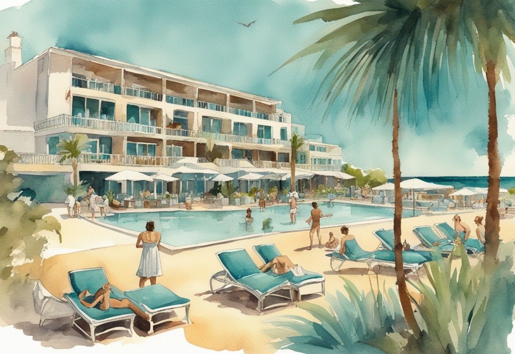 Vintage akvarell av Aktea Beach Hotel Ayia Napa ved kysten med gjester ved bassenget omgitt av frodig tropisk grøntområder