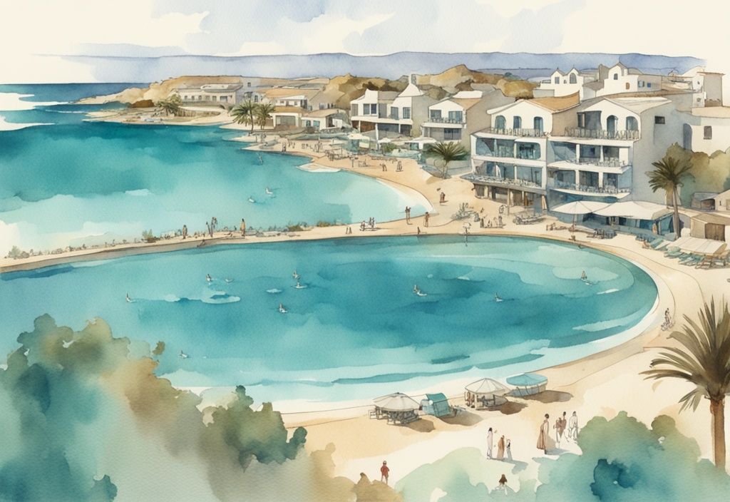 Vintage akvarellillustrasjon av Atlantica Mare Village i Ayia Napa med panoramautsikt over landskapet, turkisblått hav og moderne arkitektur.