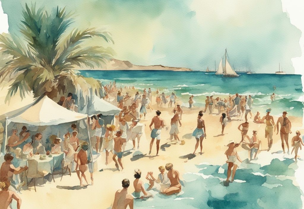 Vintage akvarellillustrasjon av unge reisende som nyter en livlig strandfest under den lyse solen i Ayia Napa, ayia napa ferie