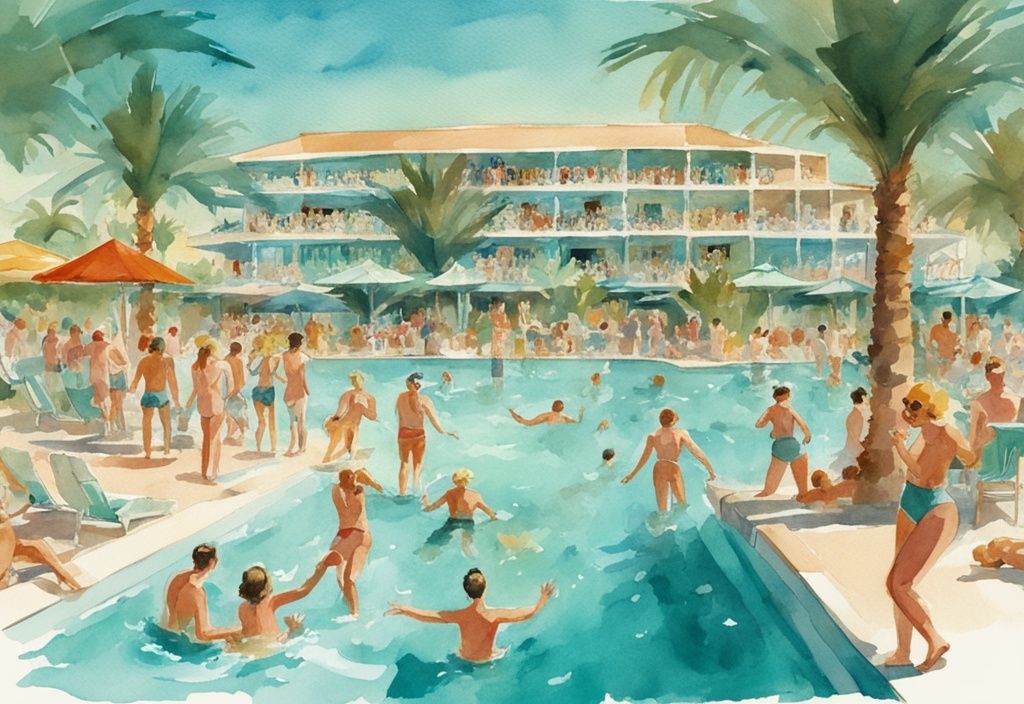 Vintage akvarellillustrasjon av Aqua Club i Ayia Napa, med folk som nyter det glitrende turkise bassenget, fargerike sklier, bassengbarer og frodige palmetrær.