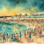 Vintage akvarell illustrasjon av livlig strandscene med folk som nyter en musikkonsert under Ayia Napas pittoreske kveldshimmel; ayia napa events