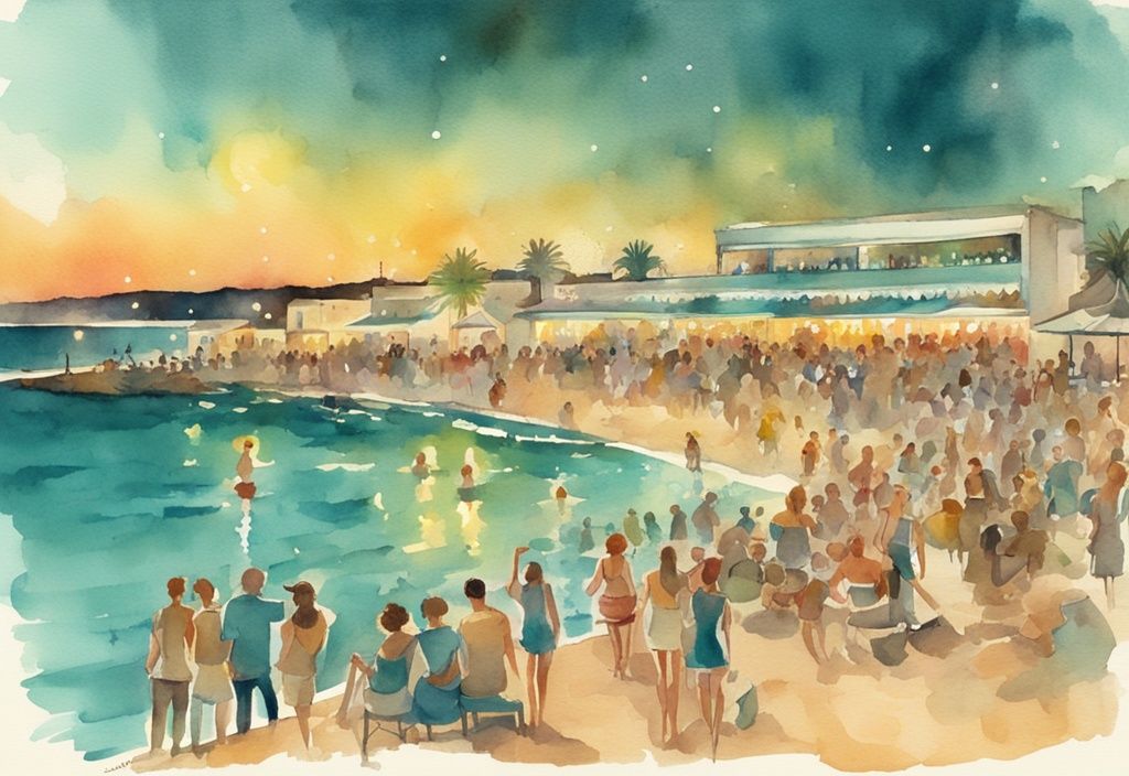 Vintage akvarell illustrasjon av livlig strandscene med folk som nyter en musikkonsert under Ayia Napas pittoreske kveldshimmel; ayia napa events