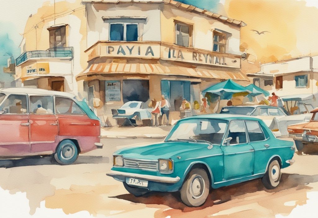 Vintage akvarellillustrasjon av et livlig bilutleiekontor i Ayia Napa med moderne biler parkert utenfor, hovedfarge tema er teal.