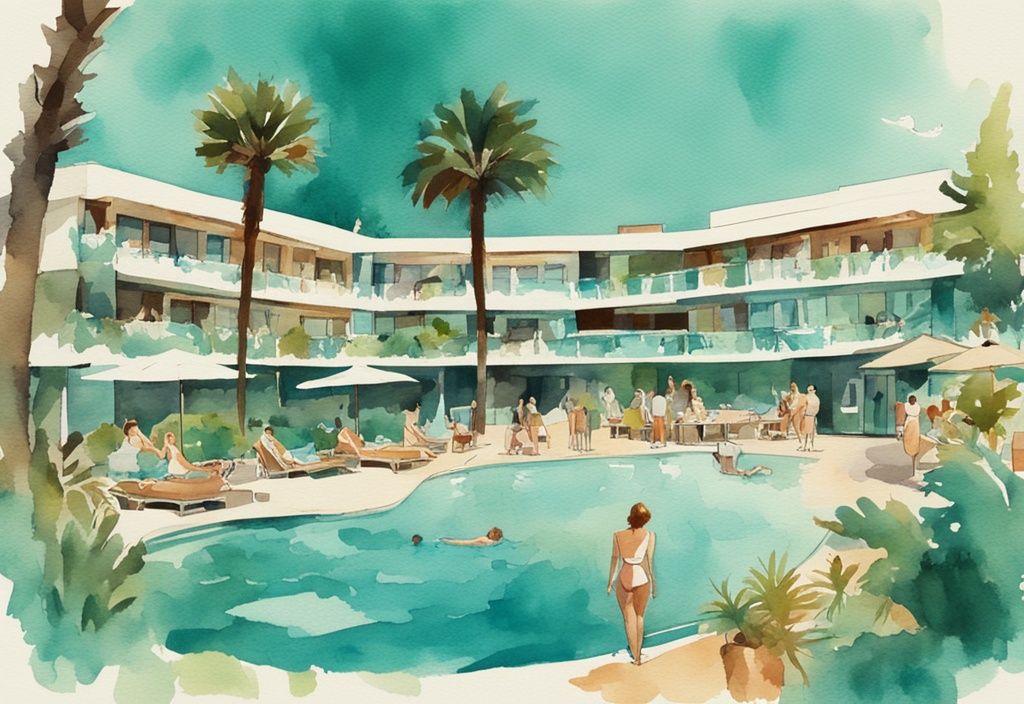 Vintage akvarellillustrasjon av Anesis Hotel Ayia Napa med moderne arkitektur, omgitt av frodig grøntområde og livlig svømmebasseng med smilende turister som nyter ferien.