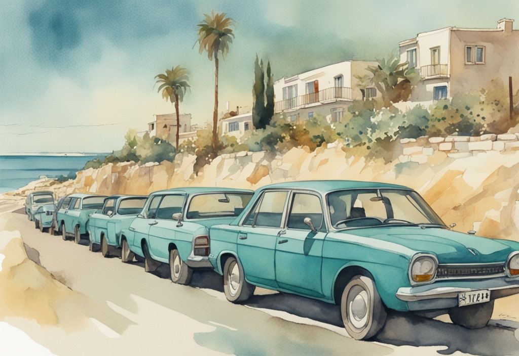 Vintage akvarellillustrasjon av leiebiler langs en solfylt kystvei med Ayia Napa-stranden i bakgrunnen, ayia napa car rental