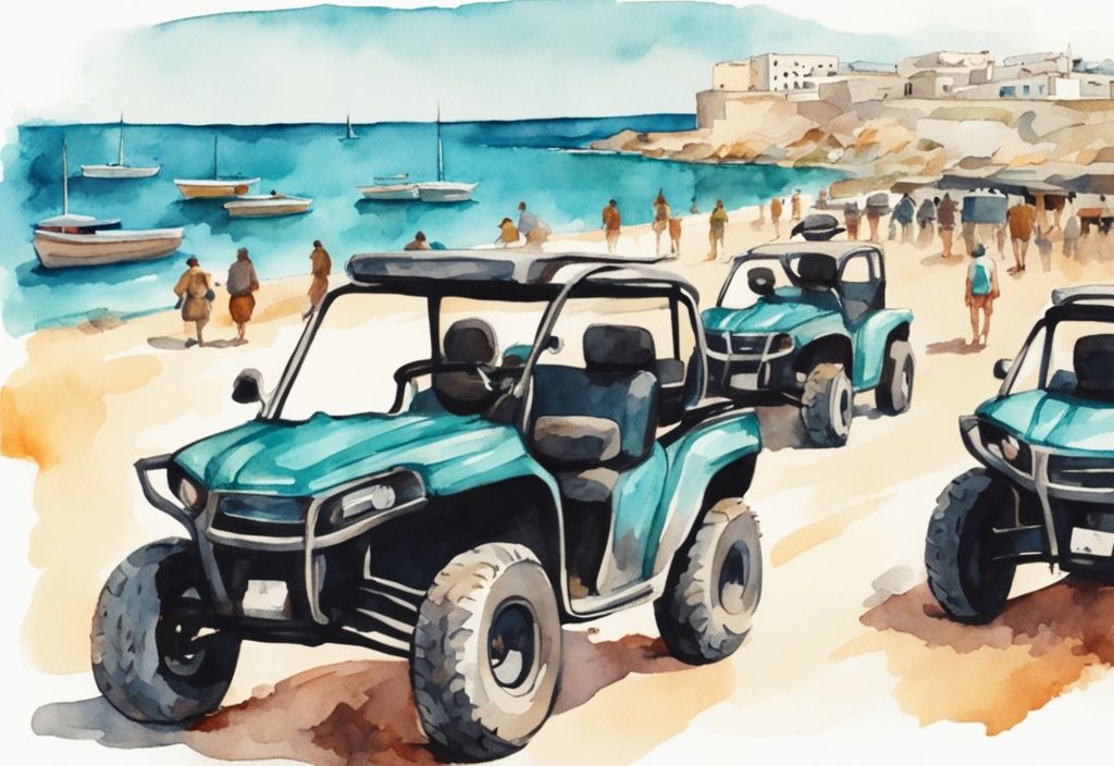 Vintage akvarellillustrasjon av Ayia Napa-kysten med parkerte ATVer klare for utleie. ATV rental Ayia Napa.