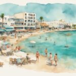 Vintage akvarell illustrasjon av strandscene i Ayia Napa City med turkist vann, hvit sand og byens restauranter og landemerker i bakgrunnen.