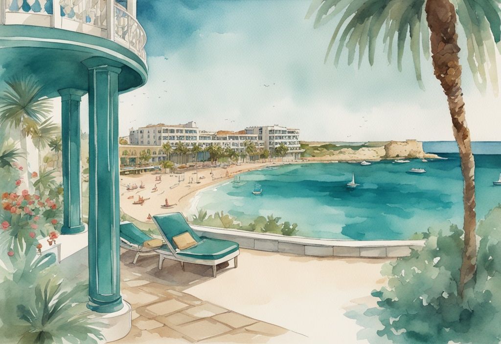 Vintage akvarellillustrasjon av Adams Beach Hotel Ayia Napa med hotellfasaden, frodige hager og pittoresk kystlinje i hovedfargen teal.