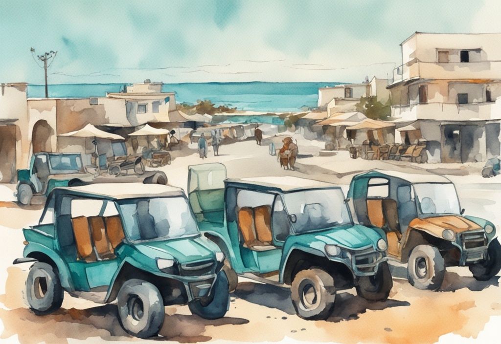 Vintage akvarellillustrasjon av Ayia Napa kystlinje med parkert ATV klar for utleie - ATV rental Ayia Napa.