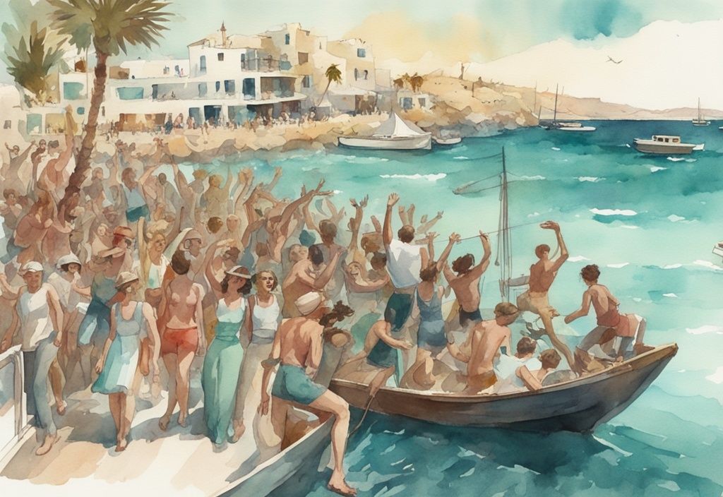 Vintage akvarellillustrasjon av en energisk folkemengde som fester på en båt med Ayia Napas vakre kystlinje i bakgrunnen, ayia napa boat party.