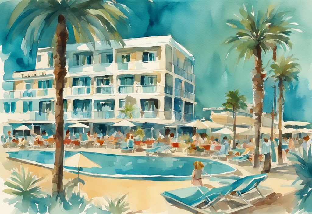 Vintage akvarell av Anthea Hotel i Ayia Napa med teal fargetema, omgitt av palmer og livlig natteliv under en klar blå himmel.