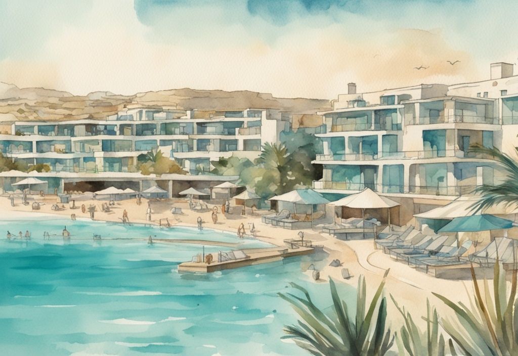 Vintage akvarell illustrasjon av Atlantica Mare Village i Ayia Napa med panoramautsikt, pittoreskt landskap, blå turkis sjø og moderne arkitektur, hovedfarge tema er teal.