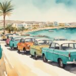 Vintage akvarellillustrasjon av leiebiler langs en solrik kystvei ved Ayia Napa, med vakker kystlinje i bakgrunnen - ayia napa car rental