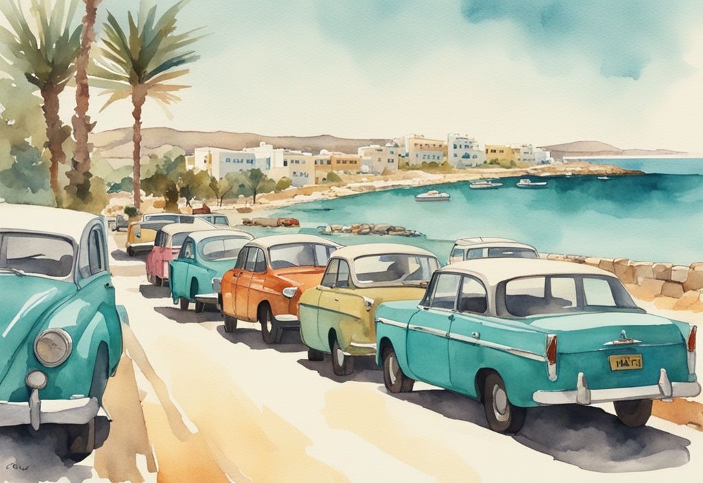 Vintage akvarellillustrasjon av leiebiler langs en solrik kystvei ved Ayia Napa, med vakker kystlinje i bakgrunnen - ayia napa car rental