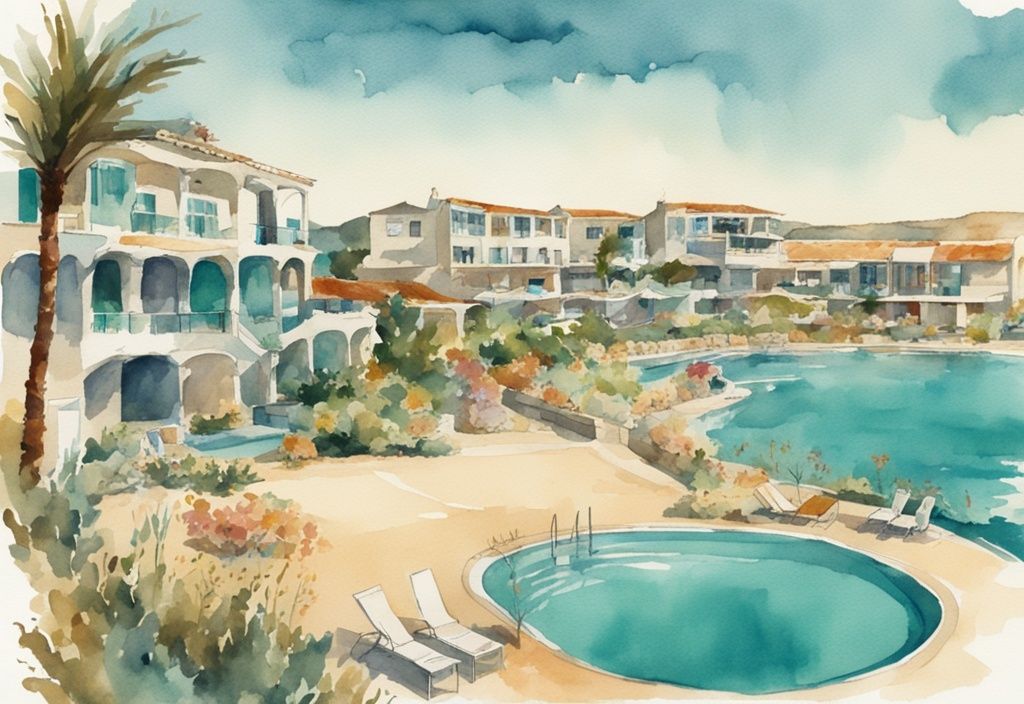 Vintage akvarellillustrasjon av Atlantica Mare Village Ayia Napa med karakteristiske resortbygninger, praktfullt svømmebasseng og kystlandskap i bakgrunnen, hovedfarge tema i teal.