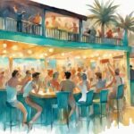 Vintage akvarellillustrasjon av mennesker som danser og nyter drinker på en livlig strandbar med fargerike lys, som representerer Ayia Napa nightlife.