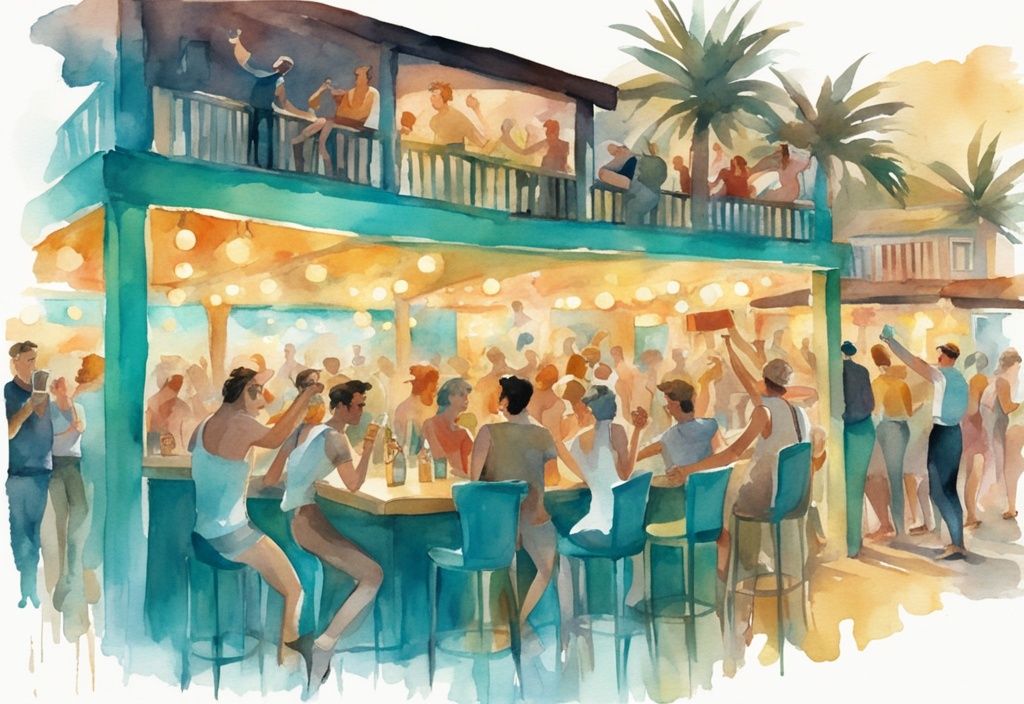 Vintage akvarellillustrasjon av mennesker som danser og nyter drinker på en livlig strandbar med fargerike lys, som representerer Ayia Napa nightlife.