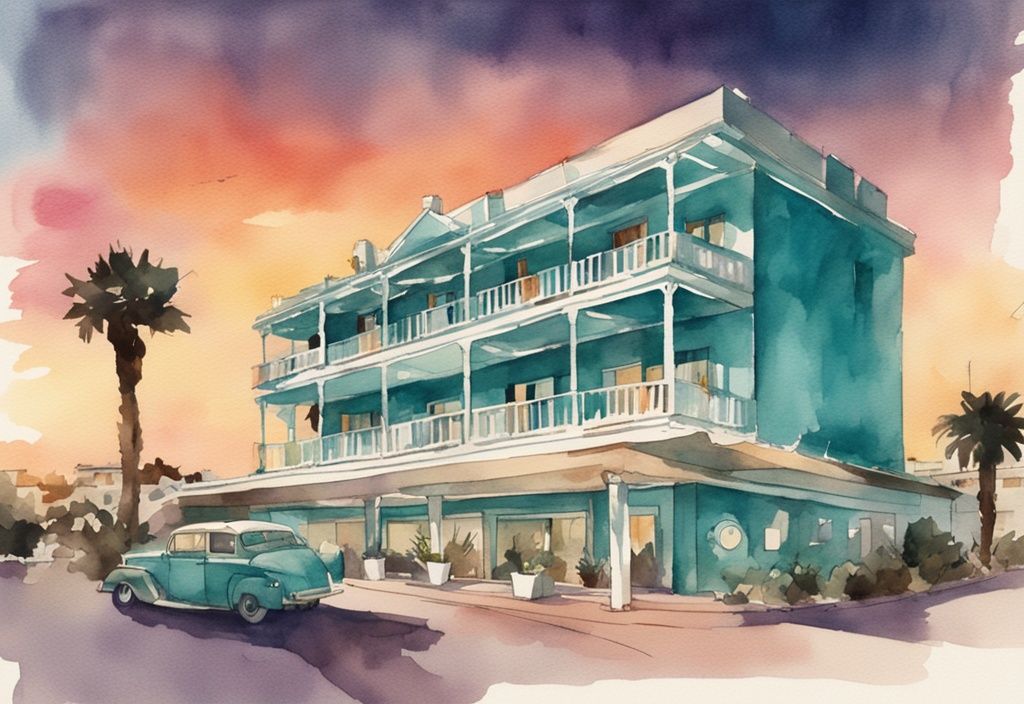 Vintage akvarellillustrasjon av Amethyst Hotel Ayia Napa ved solnedgang med hovedfargen teal.