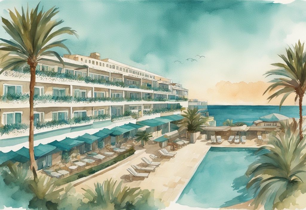 Vintage akvarell av Adams Beach Hotel Ayia Napa, viser hotellets fasade, frodige hager og pittoreske kystlinje, med hovedfarge i teal.