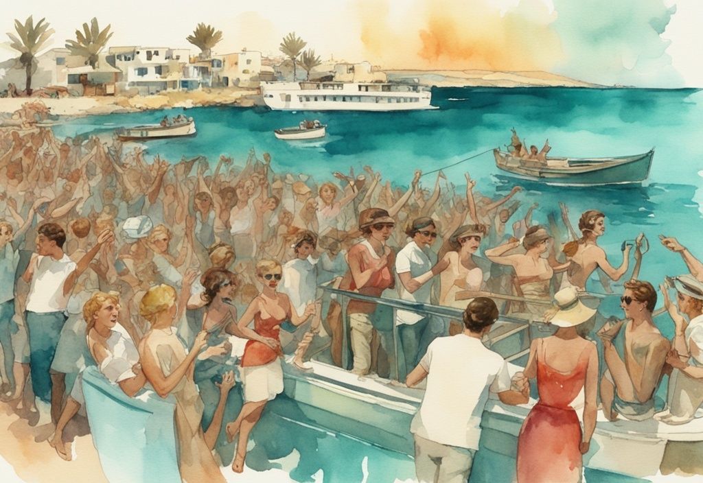 Vintage akvarell illustrasjon av en energisk folkemengde som fester på en båt med Ayia Napas vakre kystlinje i bakgrunnen, ayia napa boat party.